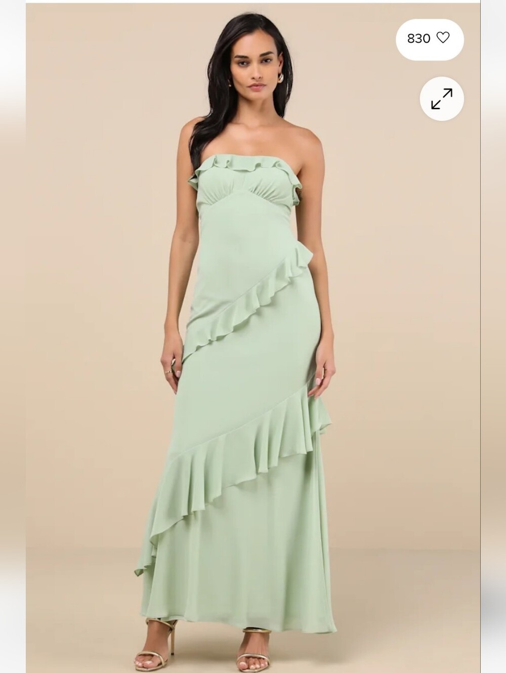 Lulus Dramatic Allure Sage Green Ruffled Cutout Strapless Maxi Dress Size XS